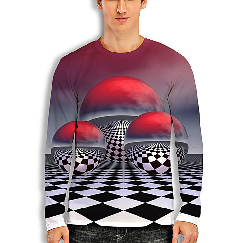 

Men's T shirt Shirt 3D Print 3D Geometry 3D Print Long Sleeve Daily Tops Casual Round Neck Gray / Red