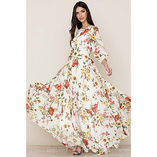 

Women's Chiffon Dress Maxi long Dress White 3/4 Length Sleeve Floral Print Fall Spring Round Neck Elegant Holiday Boho vacation dresses 2021 S M L XL