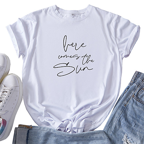 

Women's T shirt Graphic Letter Print Round Neck Tops 100% Cotton Basic Basic Top White Red Yellow