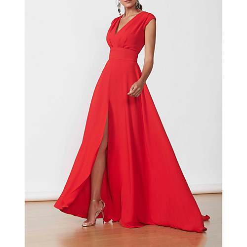 

A-Line Minimalist Elegant Wedding Guest Formal Evening Dress V Neck Sleeveless Floor Length Chiffon with Split 2021