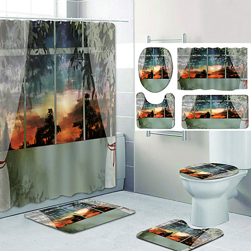 

Bathroom Shower Curtain & Mat Set Classic Polyester Waterproof