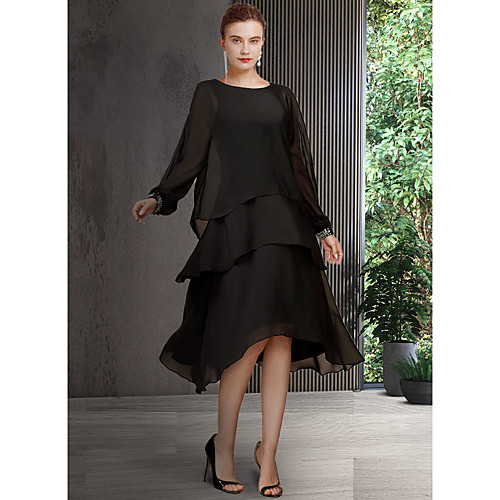 

A-Line Mother of the Bride Dress Elegant Jewel Neck Asymmetrical Chiffon Long Sleeve with Sequin Tier 2021