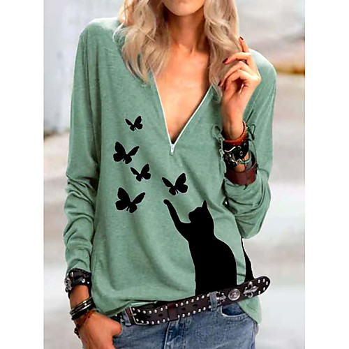 

Women's T shirt Cat Graphic Butterfly Long Sleeve Quarter Zip Print V Neck Tops Basic Basic Top Blue Blushing Pink Green