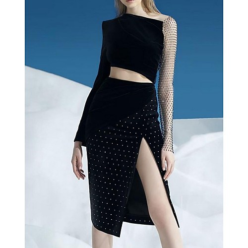 

Two Piece Sparkle Sexy Party Wear Cocktail Party Dress One Shoulder Long Sleeve Tea Length Velvet with Split 2021