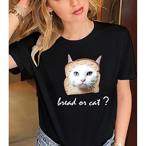 

Women's T shirt Cat Graphic 3D Print Round Neck Tops 100% Cotton Basic Basic Top Black