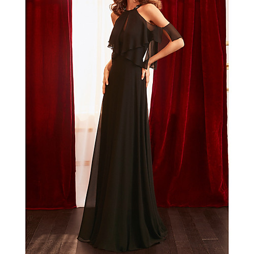 

A-Line Minimalist Elegant Wedding Guest Formal Evening Dress Halter Neck Sleeveless Sweep / Brush Train Chiffon with Pleats 2021