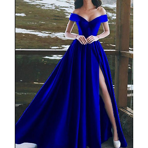 

A-Line Minimalist Sexy Wedding Guest Prom Dress V Neck Sleeveless Floor Length Satin with Split 2021