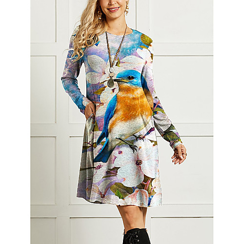 

Women's Shift Dress Knee Length Dress Yellow Dusty Rose Gray Rainbow White Long Sleeve Floral Print Animal Pocket Patchwork Print Fall Round Neck Casual 2021 M L XL XXL 3XL