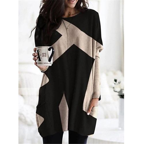 

Women's Shift Dress Short Mini Dress Khaki Dark Gray Red Brown Long Sleeve Color Block Patchwork Print Fall Winter Shirt Collar Casual Loose 2021 S M L XL XXL 3XL