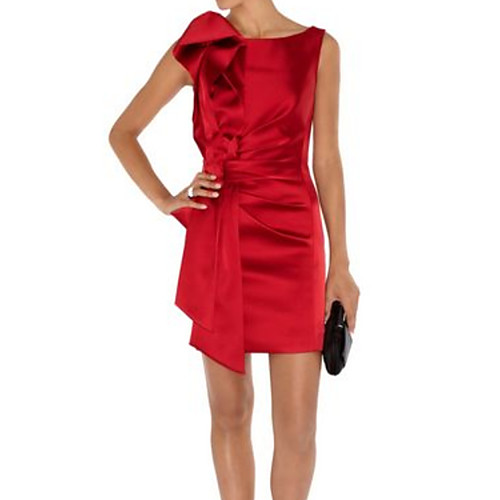 

Sheath / Column Minimalist Sexy Wedding Guest Cocktail Party Dress Jewel Neck Sleeveless Short / Mini Satin with Sleek Ruffles 2021
