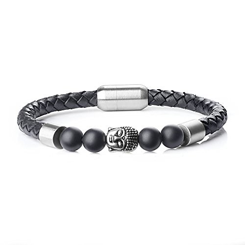 

mens leather budda head matte onyx stone bracelet