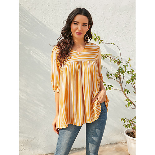 

Women's Blouse Striped V Neck Basic Elegant Tops 100% Cotton Yellow