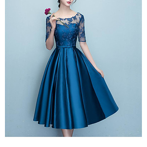 

A-Line Mother of the Bride Dress Elegant Vintage Jewel Neck Tea Length Lace Satin Half Sleeve with Bow(s) Pleats 2021