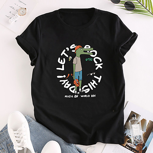 

Women's T shirt Graphic Text Print Round Neck Tops 100% Cotton Basic Basic Top White Black Red