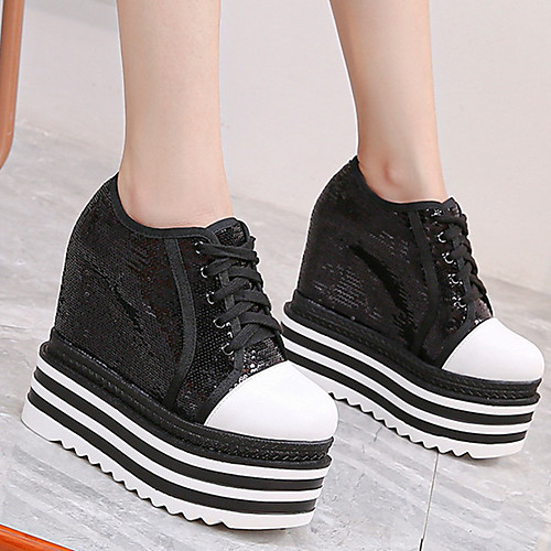 

Women's Sneakers Fantasy Shoes Sparkling Shoes Wedge Heel Round Toe Classic Daily PU Solid Colored Black Silver