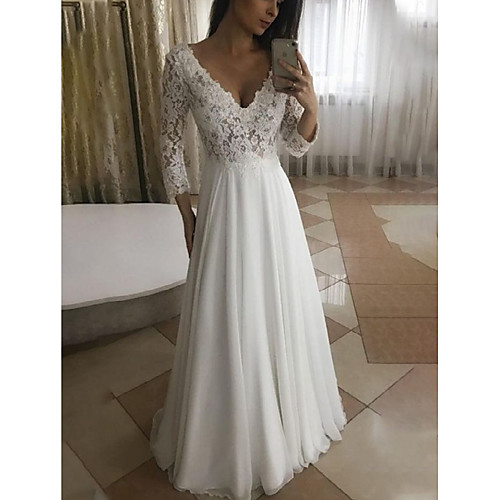 

A-Line Wedding Dresses V Neck Floor Length Chiffon Lace 3/4 Length Sleeve Romantic Beach Plus Size with Pleats Appliques 2021