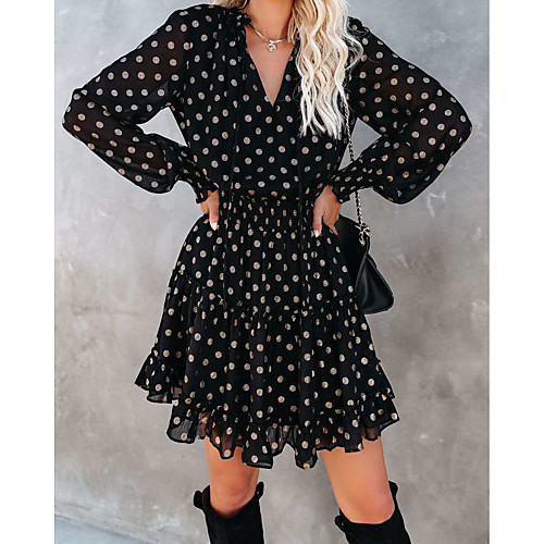 

Women's Swing Dress Short Mini Dress Black Long Sleeve Dot Spring Summer V Neck Work 2021 S M L XL