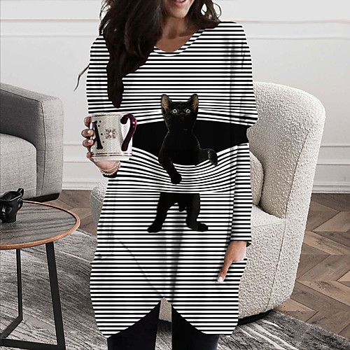 

Women's T Shirt Dress Tee Dress Short Mini Dress Long Sleeve Striped Cat Animal Pocket Patchwork Print Spring Vintage 2021 White Black Blue Purple Army Green Fuchsia Green Dusty Blue Royal Blue