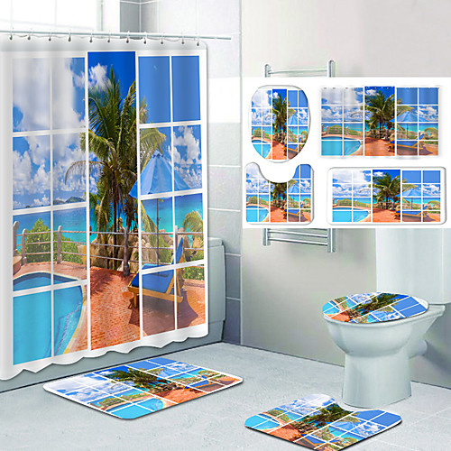 

Bathroom Shower Curtain & Mat Set Classic Polyester Waterproof