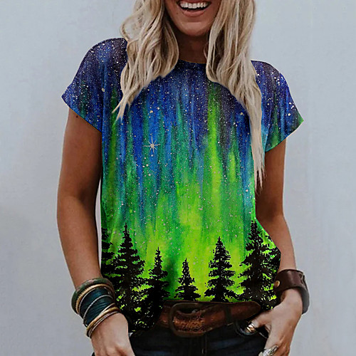 

Women's Painting T shirt Graphic Scenery 3D Print Round Neck Basic Tops Red Green