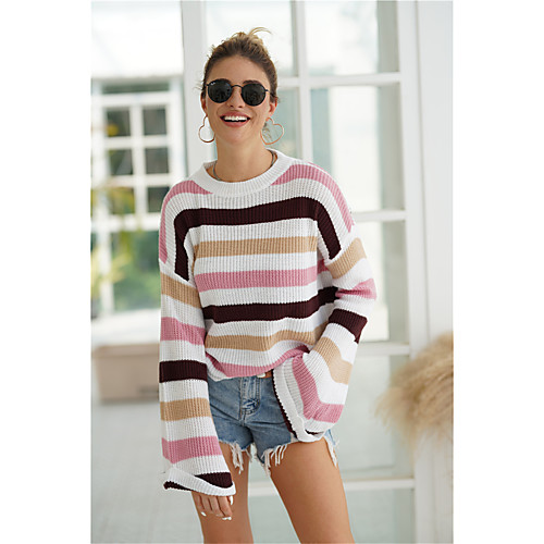 

Women's Stylish Stripe Knitted Striped Color Block Sweater Long Sleeve Sweater Cardigans Crew Neck Fall Spring Blushing Pink