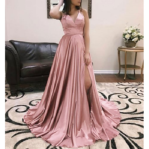 

A-Line Beautiful Back Sexy Engagement Formal Evening Dress Spaghetti Strap Sleeveless Court Train Satin with Pleats Split 2021