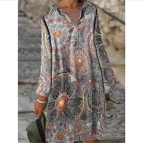 

Women's Shift Dress Knee Length Dress Blue Yellow Blushing Pink Gray Long Sleeve Printed Print Spring Summer V Neck Vintage 2021 S M L XL XXL 3XL 4XL 5XL