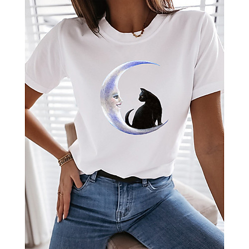 

Women's T shirt Cat Graphic Print Round Neck Tops 100% Cotton Basic Basic Top White