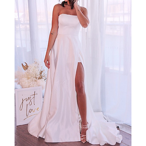 

Sheath / Column Wedding Dresses Jewel Neck Floor Length Satin Sleeveless Simple with Split Front 2021