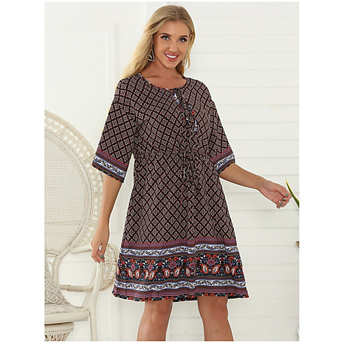 

Women's Chiffon Dress Short Mini Dress Print Green Brown Half Sleeve Print Lace up Print Spring Summer Round Neck Elegant Mumu vacation dresses 2021 S M L XL
