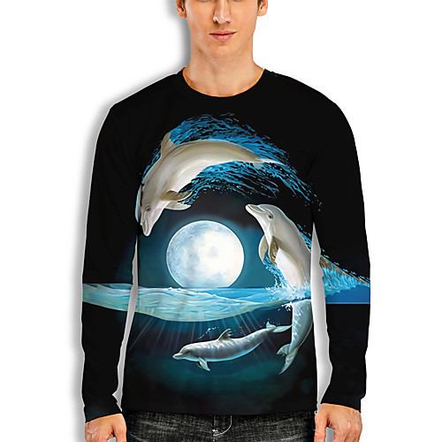 

Men's T shirt Shirt 3D Print Graphic 3D Animal Print Long Sleeve Casual Tops Cartoon Classic Round Neck Blue
