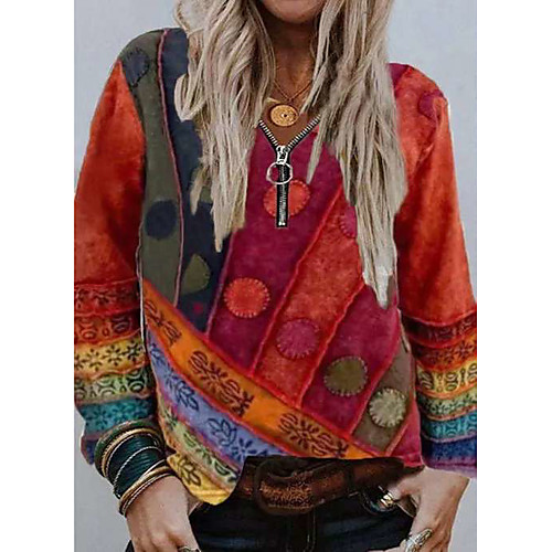 

Women's Blouse Shirt Graphic Long Sleeve Zipper Print V Neck Basic Casual Tops Blue Red Orange