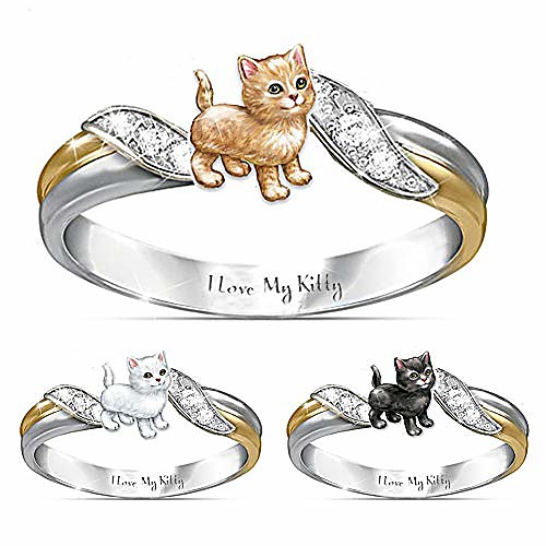 

rings, women i love my kitty craved cat rhinestone dual color finger ring jewelry gift