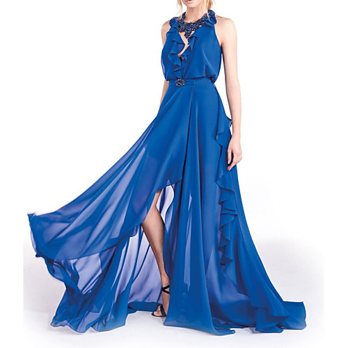 

A-Line Empire Sexy Holiday Formal Evening Dress Halter Neck Sleeveless Sweep / Brush Train Chiffon with Pleats Beading Split 2021