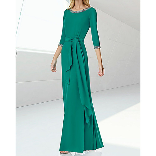 

Sheath / Column Mother of the Bride Dress Elegant Jewel Neck Floor Length Chiffon 3/4 Length Sleeve with Sash / Ribbon 2021