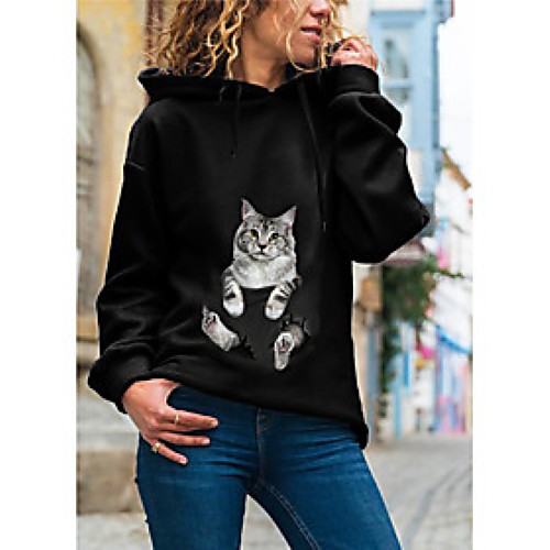 

Women's Hoodie Pullover Cat Graphic 3D Daily Basic Casual Hoodies Sweatshirts Black