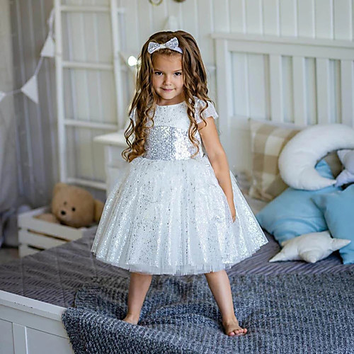 

Princess Knee Length Flower Girl Dresses Party Tulle Short Sleeve Jewel Neck with Appliques