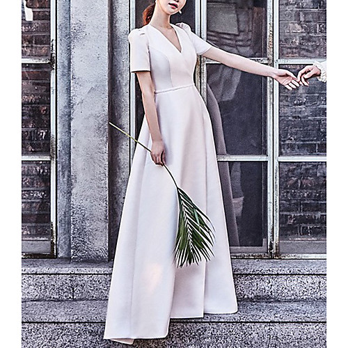 

A-Line Wedding Dresses V Neck Floor Length Satin Short Sleeve Simple Vintage Little White Dress with Pleats 2021