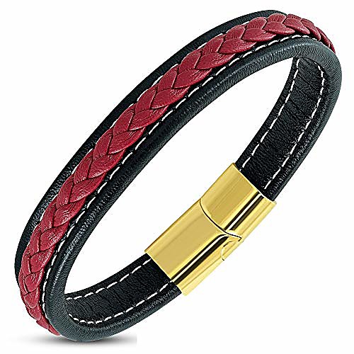 

stainless steel yellow gold-tone black red braided leather wristband bracelet, 8.5