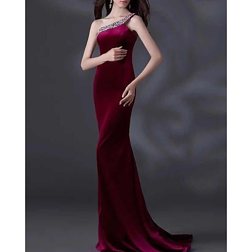 

Mermaid / Trumpet Minimalist Elegant Engagement Formal Evening Dress One Shoulder Sleeveless Sweep / Brush Train Velvet with Sleek 2021