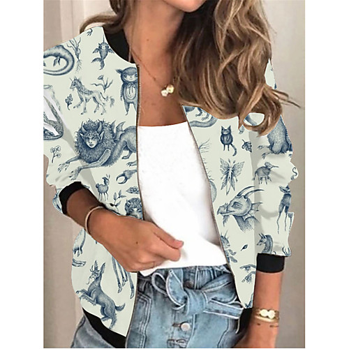 

Women's Jacket Daily Spring & Fall Regular Coat Regular Fit Active Streetwear Jacket Long Sleeve Print Patchwork White / Holiday