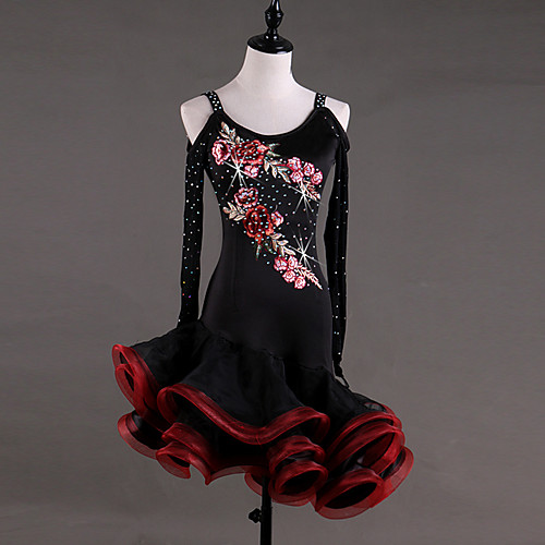 

Latin Dance Dress Cascading Ruffles Crystals / Rhinestones Paillette Women's Training Performance Long Sleeve Natural Elastane Organza