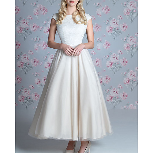 

A-Line Jewel Neck Ankle Length Lace / Tulle Bridesmaid Dress with Appliques