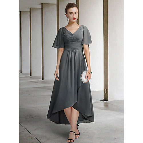

A-Line Mother of the Bride Dress Elegant V Neck Asymmetrical Chiffon Short Sleeve with Pleats Ruching 2021