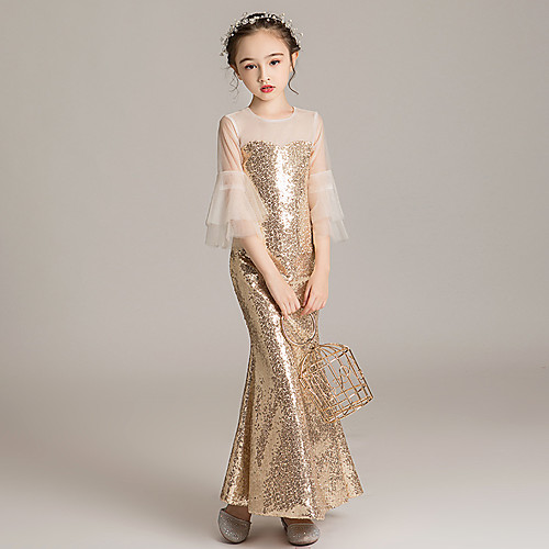 

Mermaid / Trumpet Ankle Length Flower Girl Dresses Formal Evening Sequined 3/4 Length Sleeve Jewel Neck with Solid