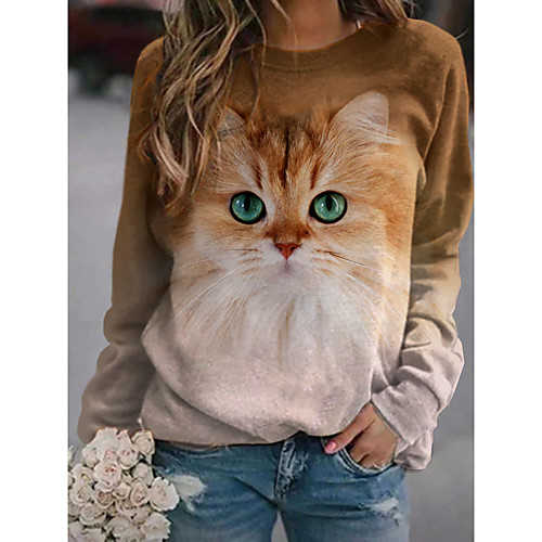 

Women's Hoodie Sweatshirt Cat Graphic 3D Print Daily 3D Print Basic Casual Hoodies Sweatshirts Khaki