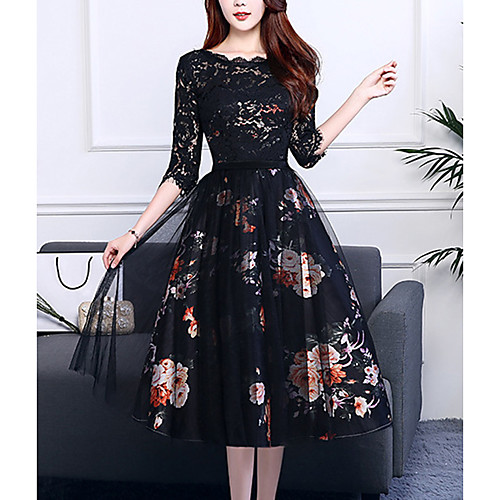 

A-Line Mother of the Bride Dress Elegant Jewel Neck Tea Length Jersey Half Sleeve with Lace Flower 2021