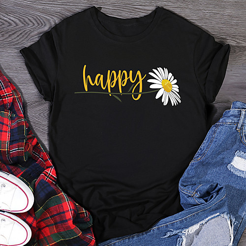 

Women's T shirt Graphic Floral Letter Print Round Neck Tops 100% Cotton Basic Basic Top White Black Purple