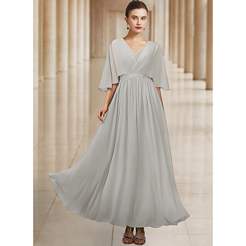 

A-Line Mother of the Bride Dress Elegant V Neck Ankle Length Chiffon Half Sleeve with Sash / Ribbon Pleats 2021