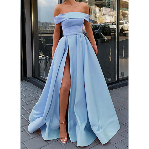 

A-Line Minimalist Sexy Engagement Prom Dress Off Shoulder Sleeveless Floor Length Satin with Split 2021